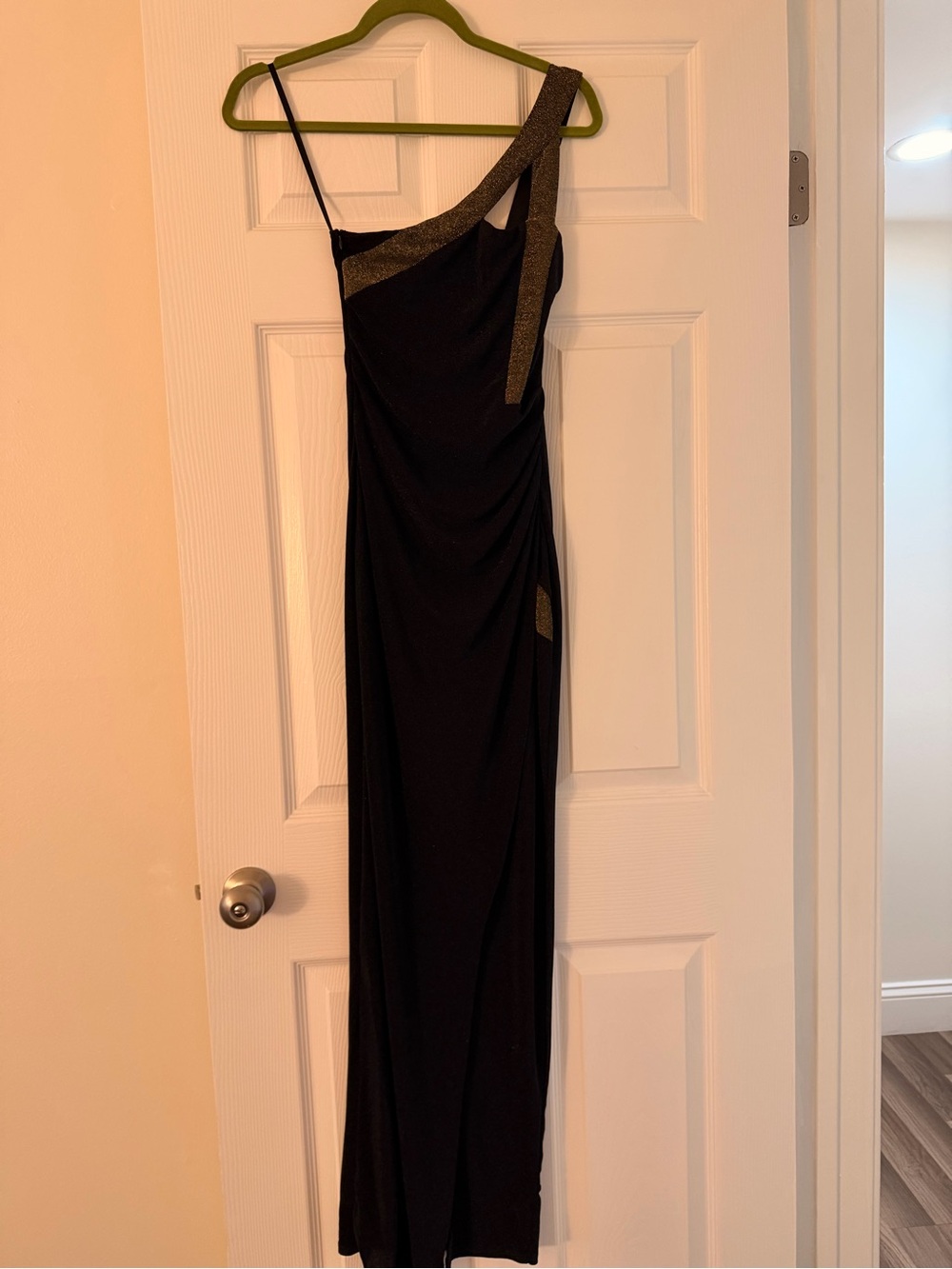 JLUXLABEL Black One-Shoulder Maxi Dress with Gold Trim